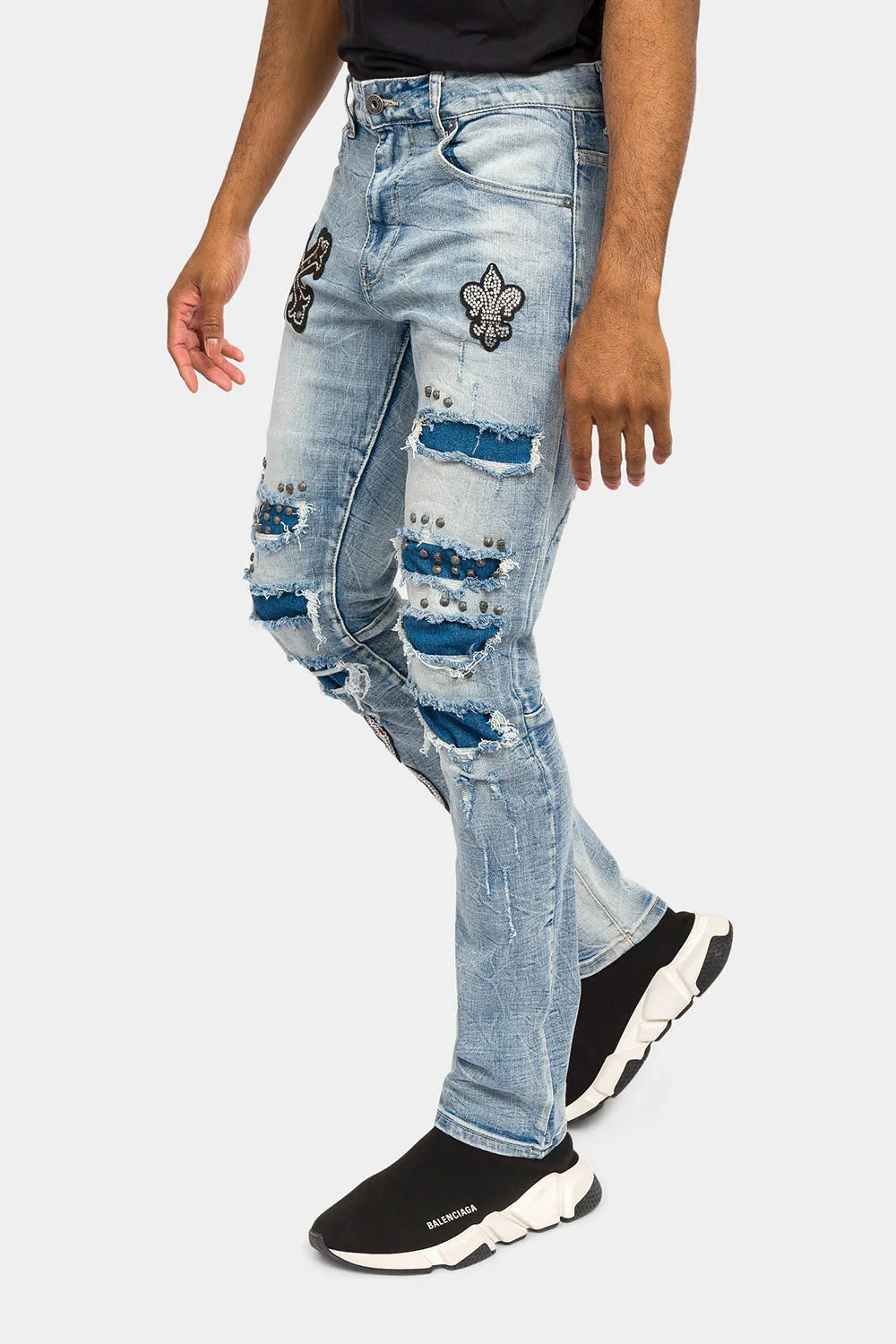 Crystals embellished patches studded Denim Jeans