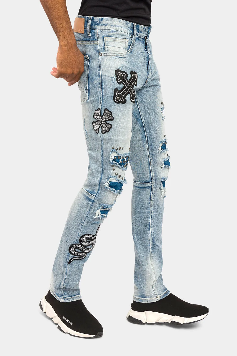 Crystals embellished patches studded Denim Jeans