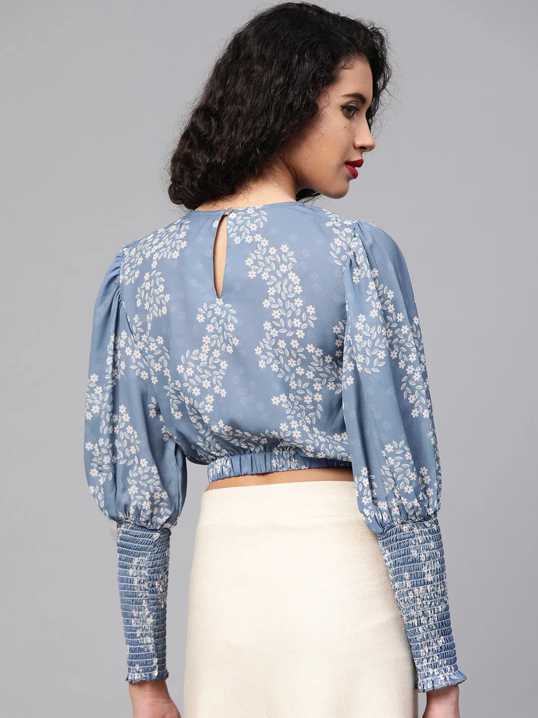 Dark Blue Floral Smocking Sleeve Crop Top