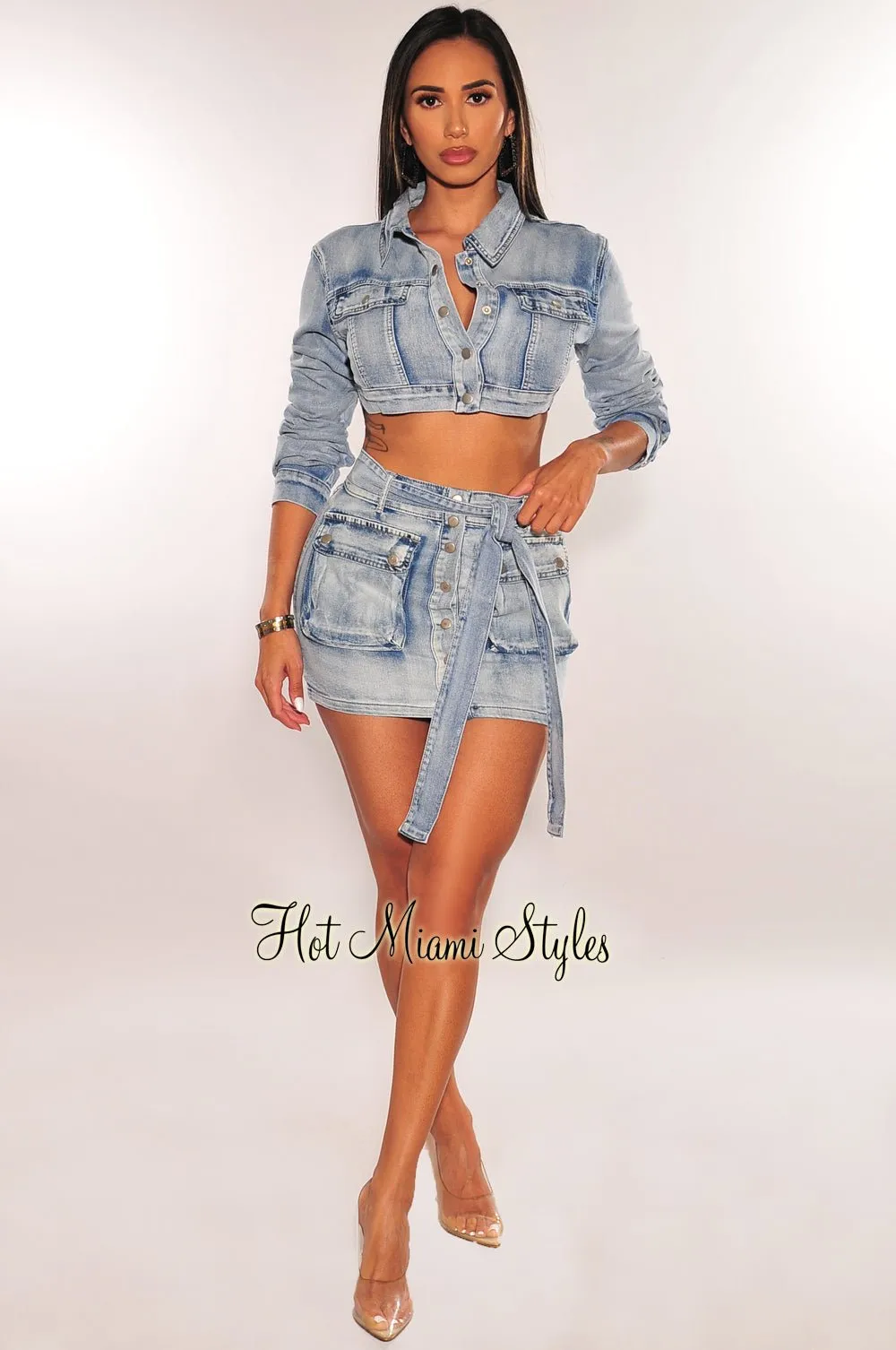 Denim Collared Long Sleeve Button Up Jacket Belted Mini Skirt Two Piece Set