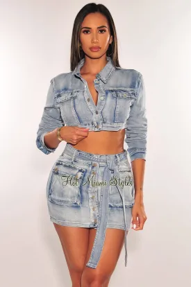 Denim Collared Long Sleeve Button Up Jacket Belted Mini Skirt Two Piece Set