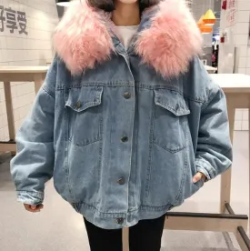 Denim Jean Pink White Faux Fur Hood Outwear Jacket