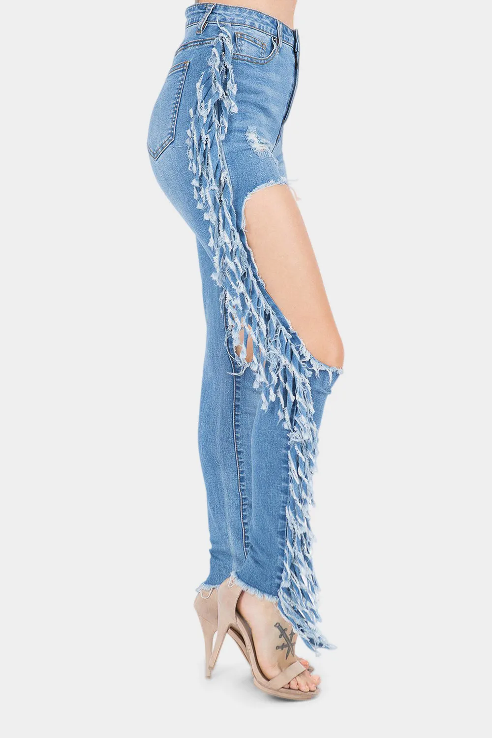 Destroyed High Rise Fringe Denim Jeans