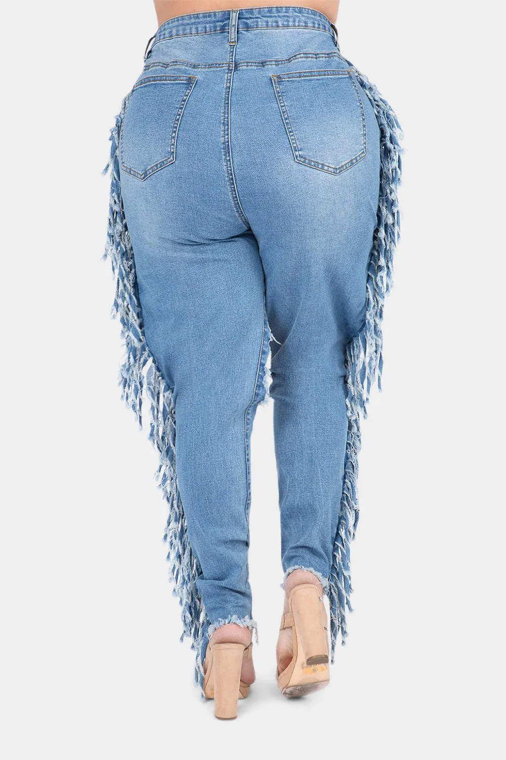 Destroyed High Rise Fringe Denim Jeans