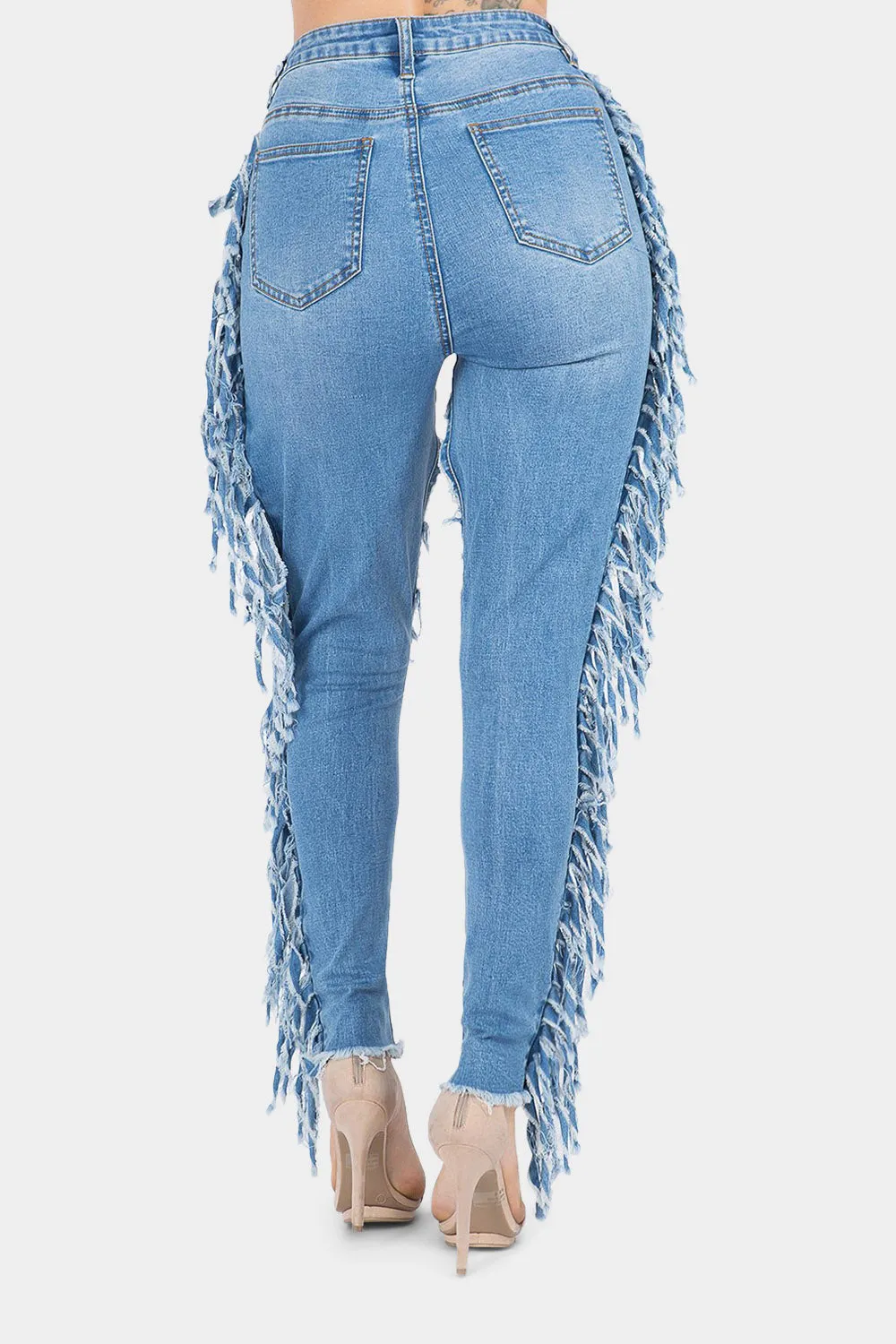 Destroyed High Rise Fringe Denim Jeans