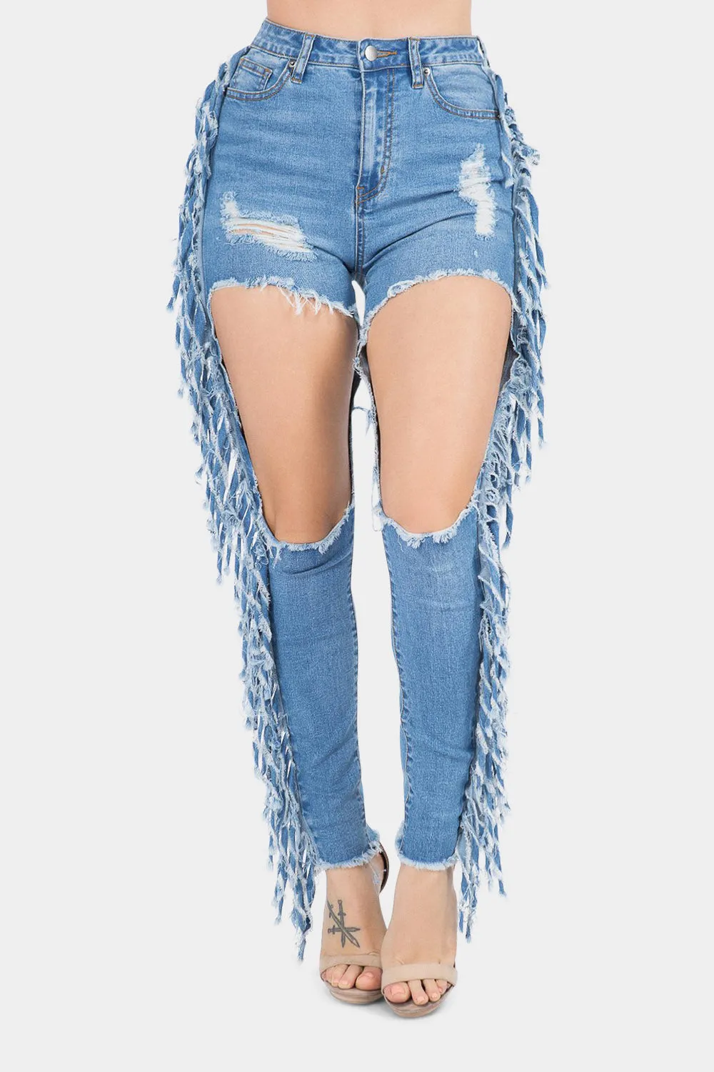 Destroyed High Rise Fringe Denim Jeans