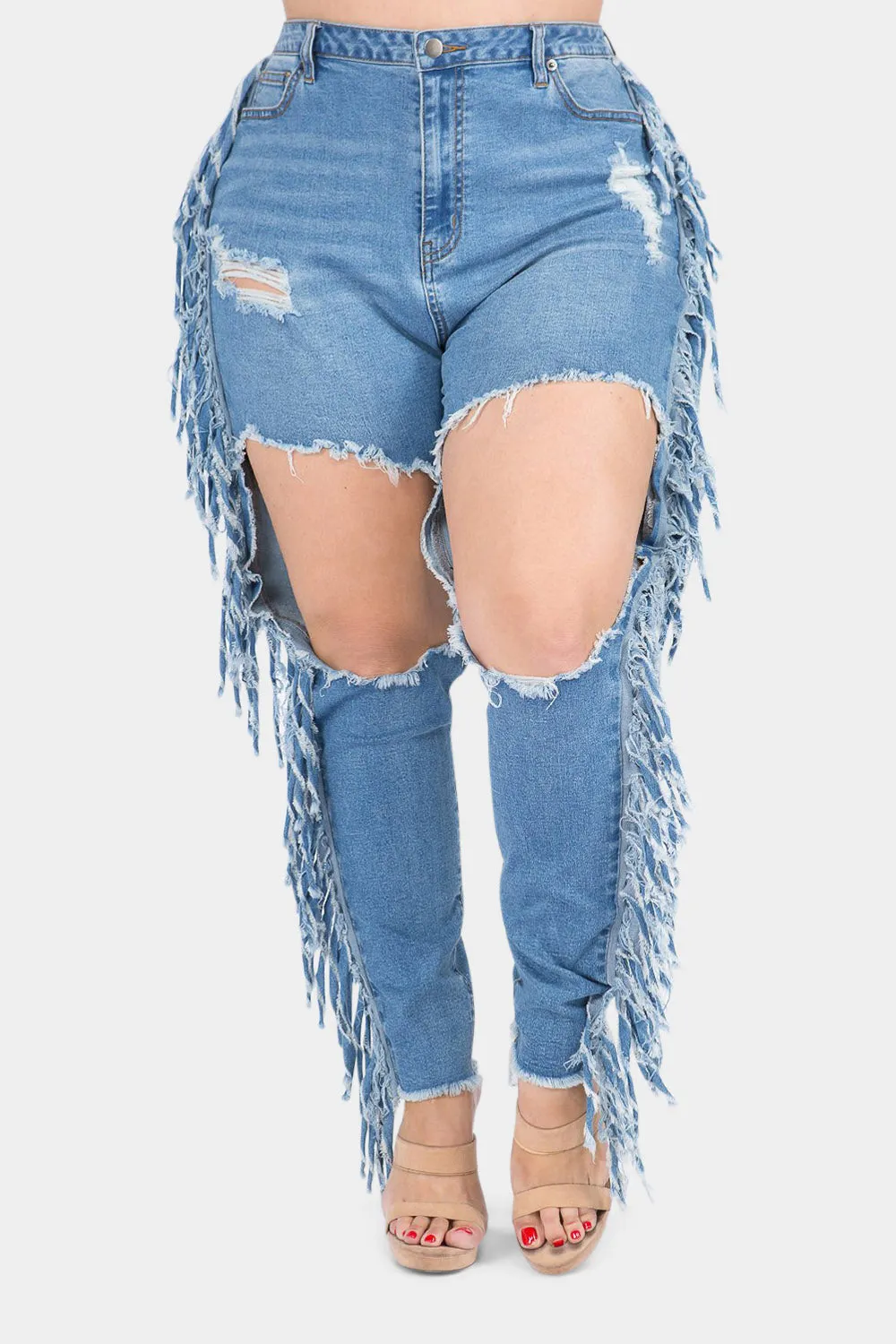 Destroyed High Rise Fringe Denim Jeans