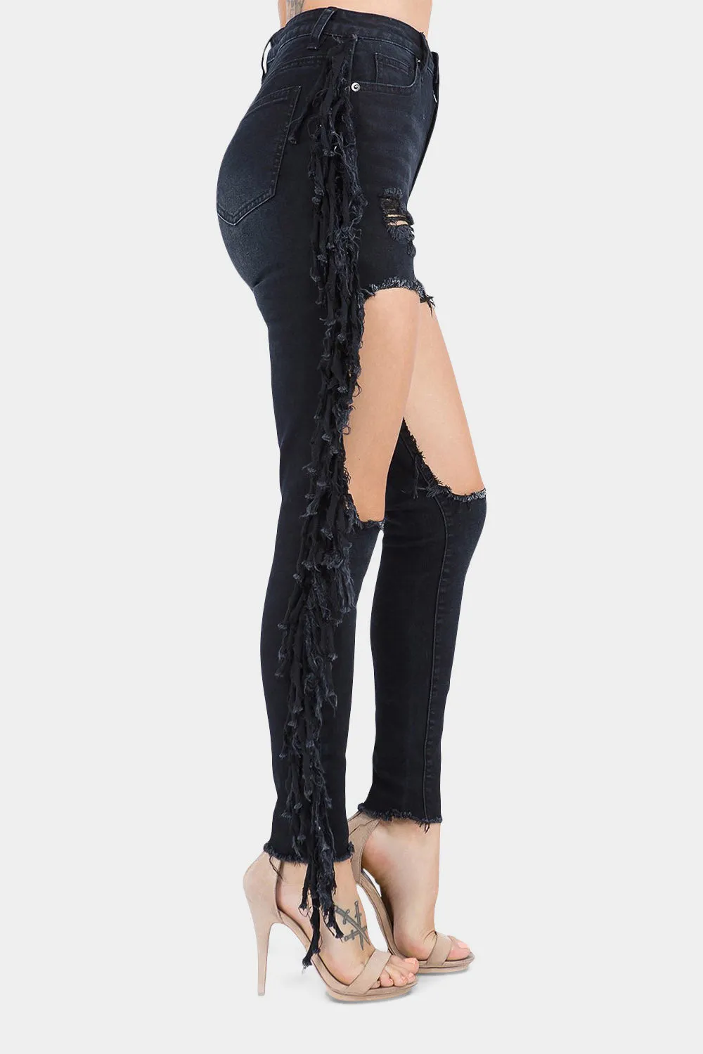 Destroyed High Rise Fringe Denim Jeans