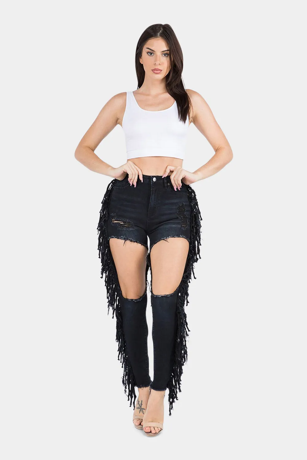 Destroyed High Rise Fringe Denim Jeans