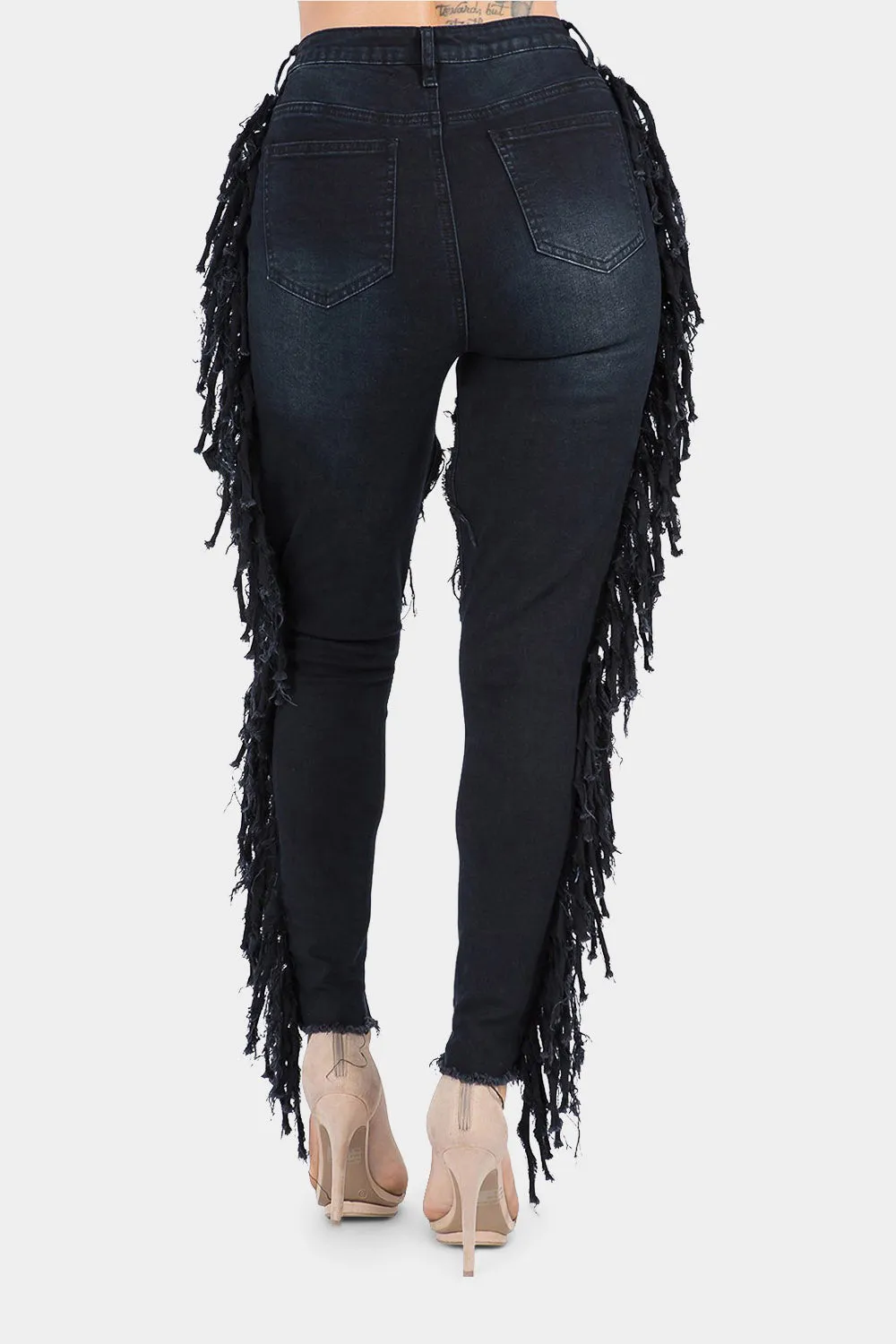 Destroyed High Rise Fringe Denim Jeans