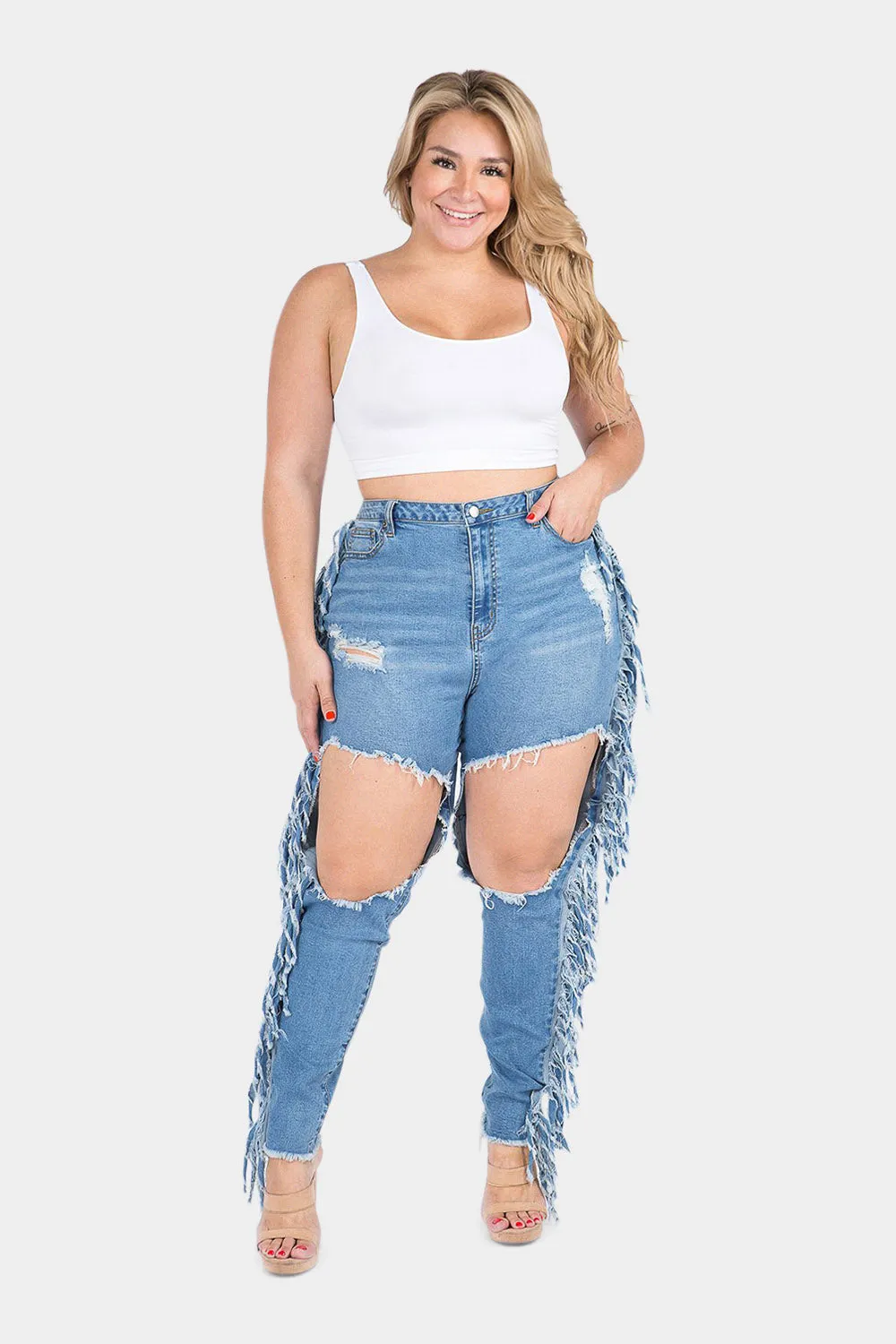 Destroyed High Rise Fringe Denim Jeans