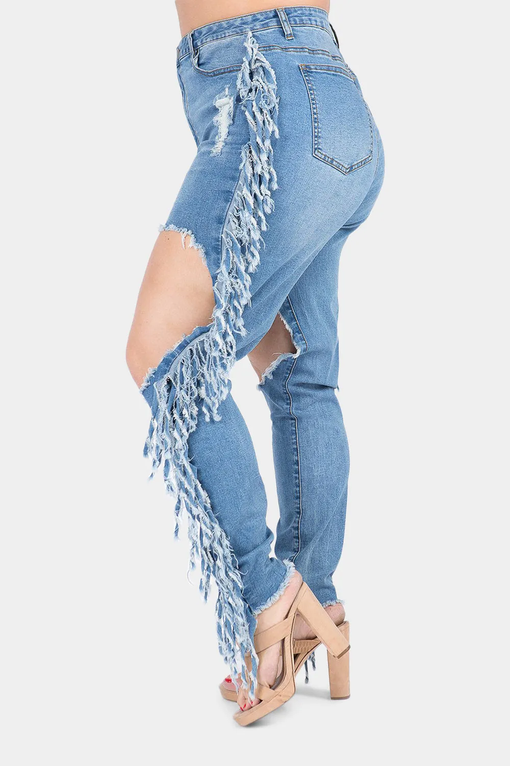 Destroyed High Rise Fringe Denim Jeans