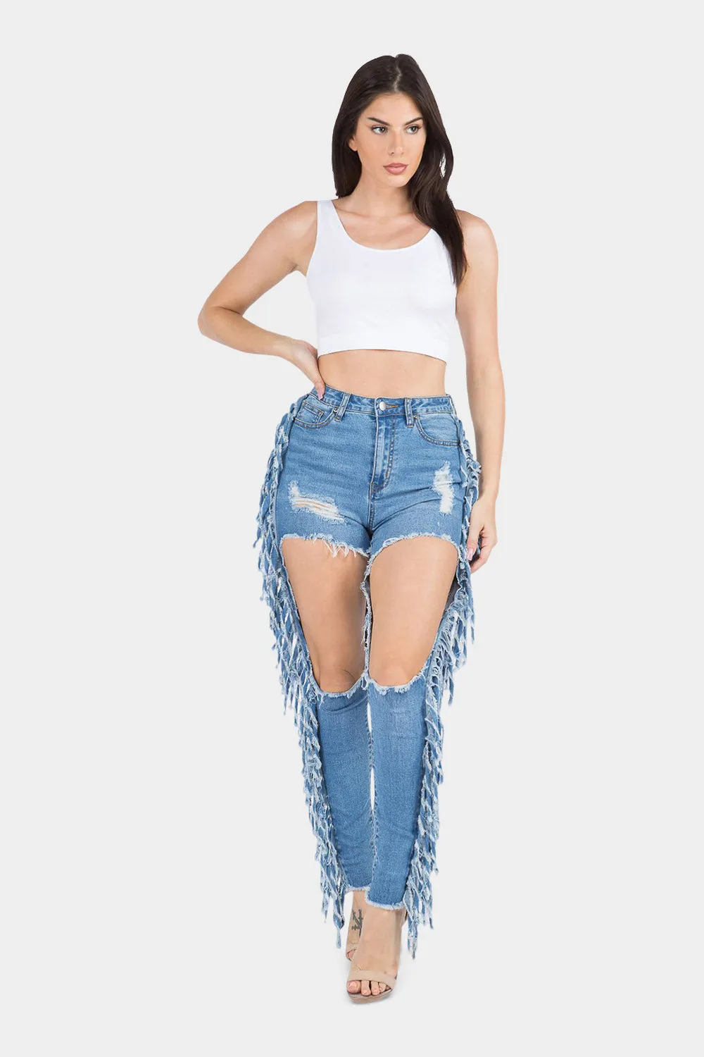 Destroyed High Rise Fringe Denim Jeans