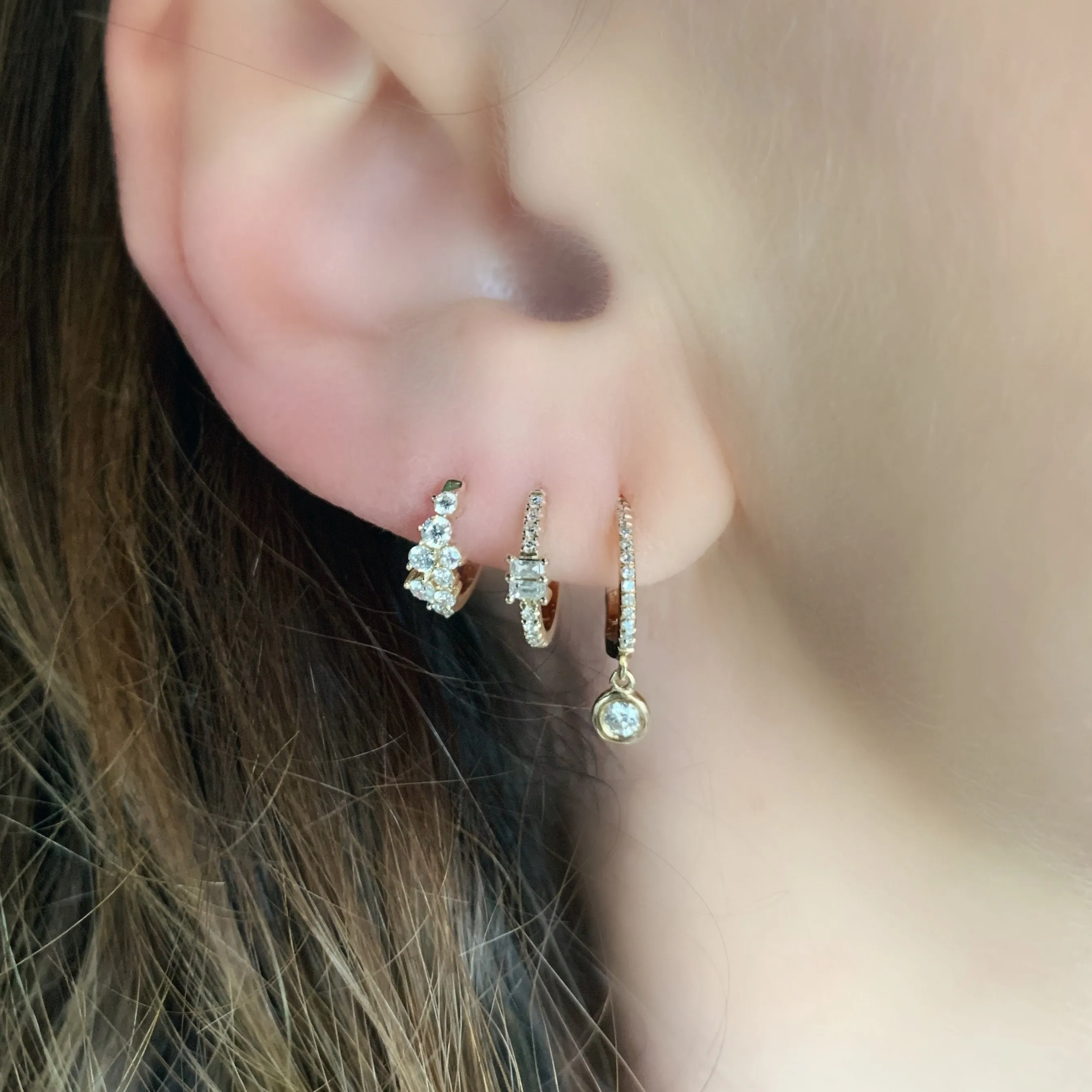 Diamond Huggie Earrings with Double Baguette Accents