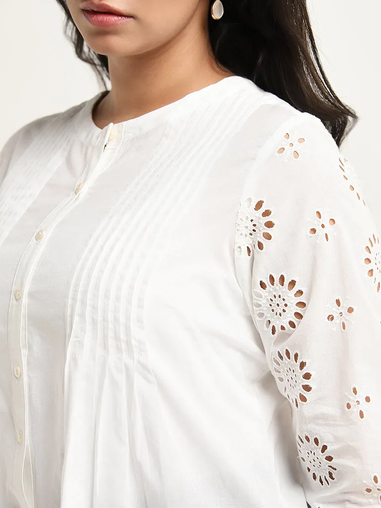 Diza White Pintuck Detailed Straight Cotton Kurti