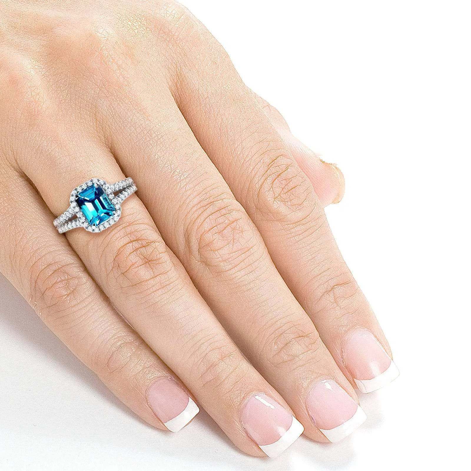 Emerald Cut Swiss Blue Topaz and Diamond Halo Split Shank Ring 2ct CTW 14k White Gold