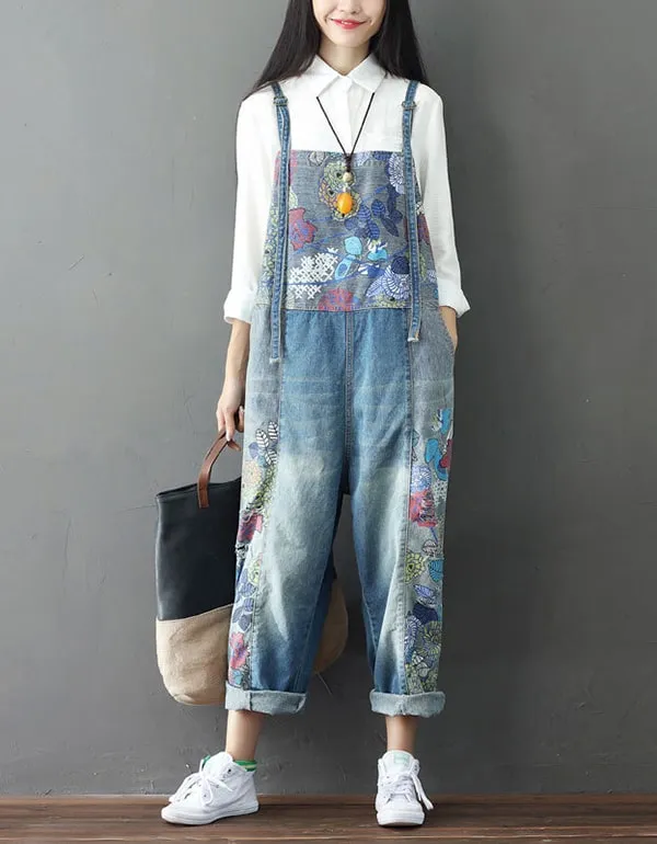 Flower Printed Denim Overalls Loose Retro Jumpsuit