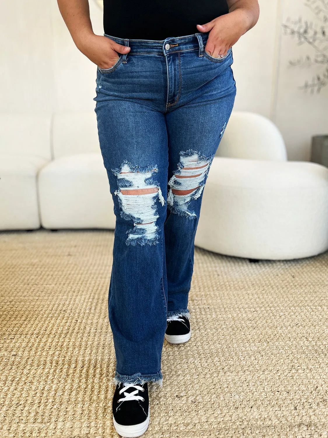 HI Curvy  Full Size Women Mid Rise Distressed Raw Hem Jeans