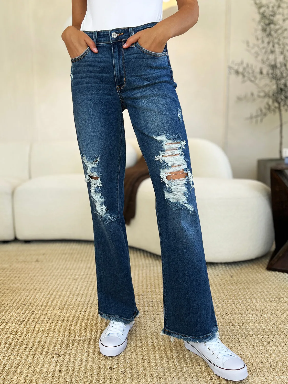 HI Curvy  Full Size Women Mid Rise Distressed Raw Hem Jeans