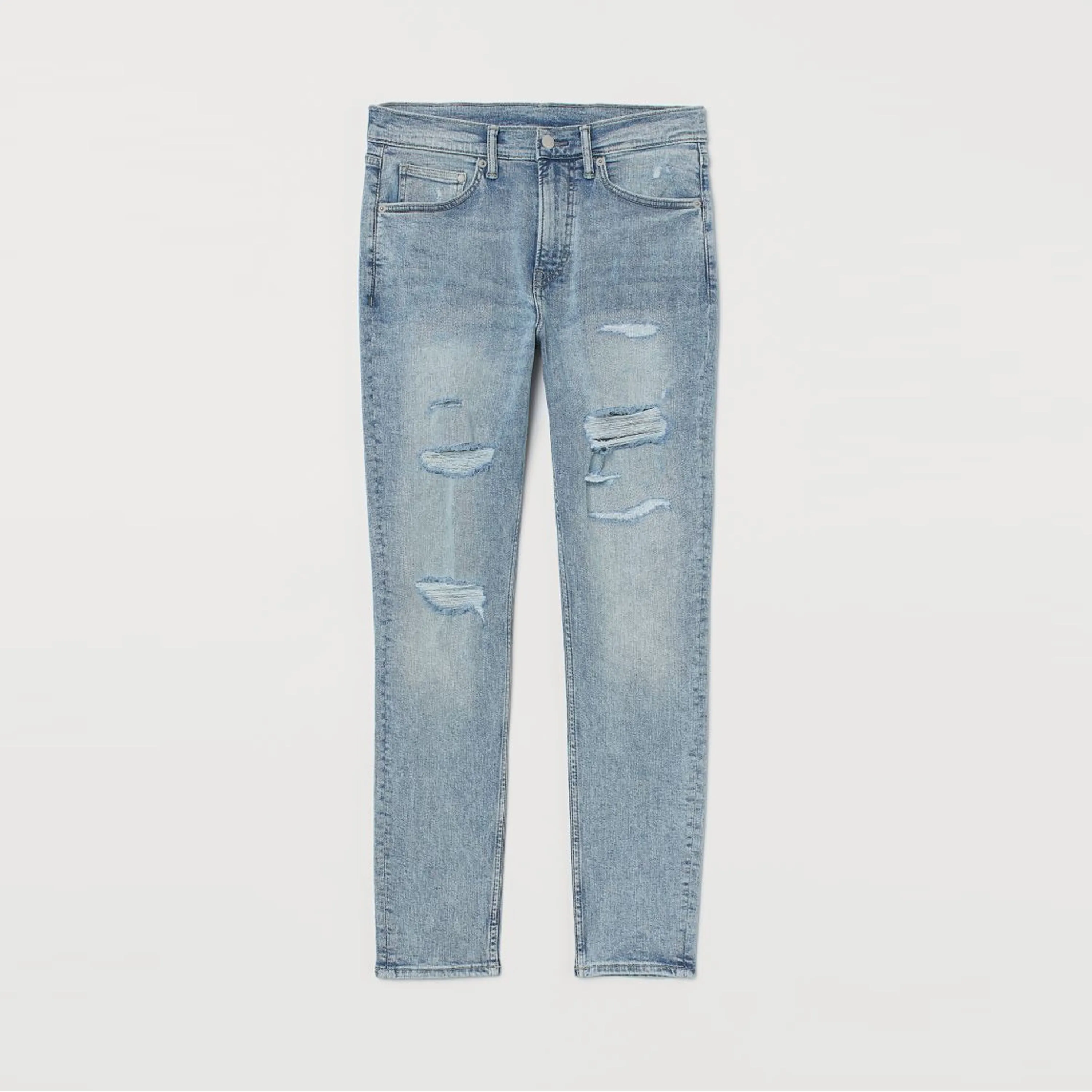 HnM - Mens ' Light Blue ' Light Stretch Denim With Heavily Distressed Blue Skinny Jeans HM1007