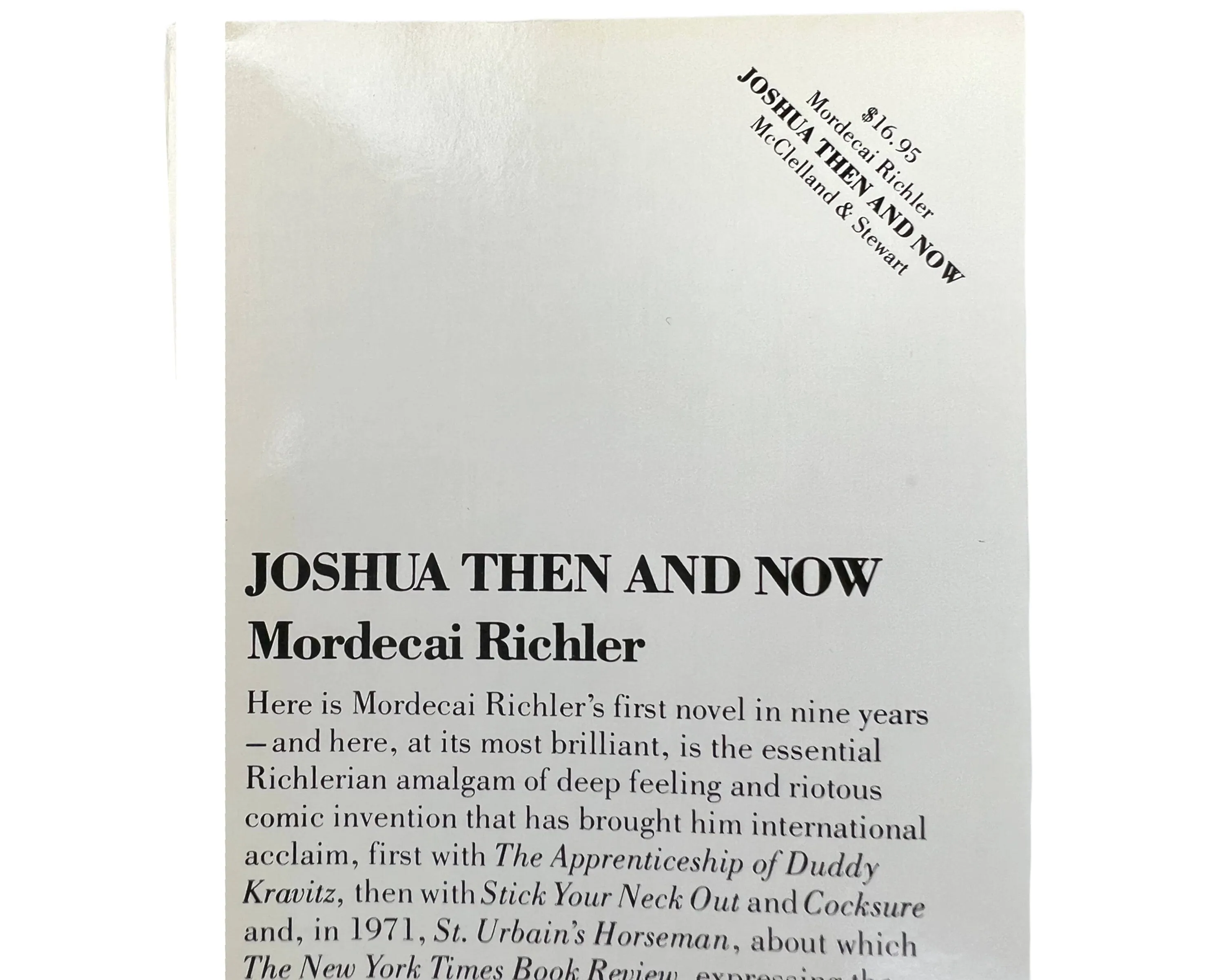 Joshua Then And Now Book Mordecai Richler Signed 1st Edition w Dust Jacket Fine