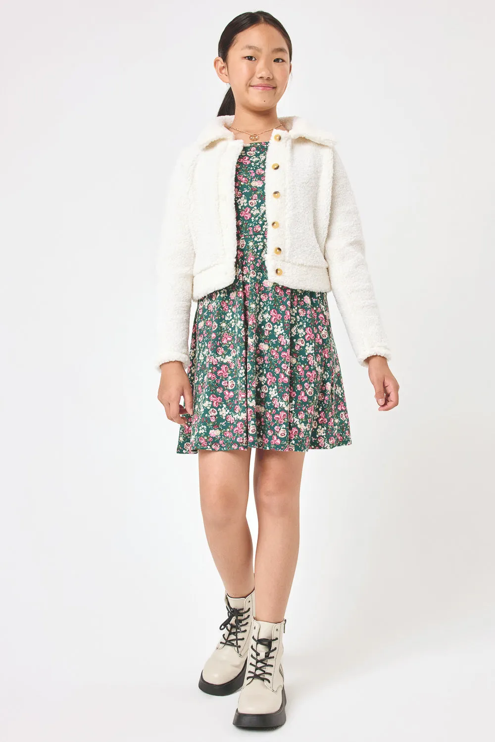 Kids Jade Floral Dress & White Fleece Jacket