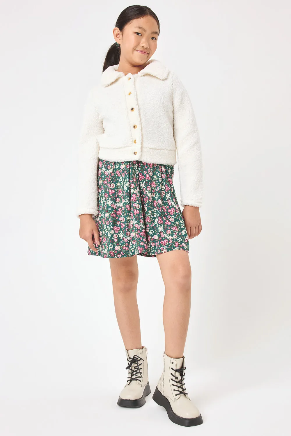 Kids Jade Floral Dress & White Fleece Jacket