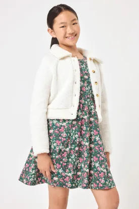 Kids Jade Floral Dress & White Fleece Jacket