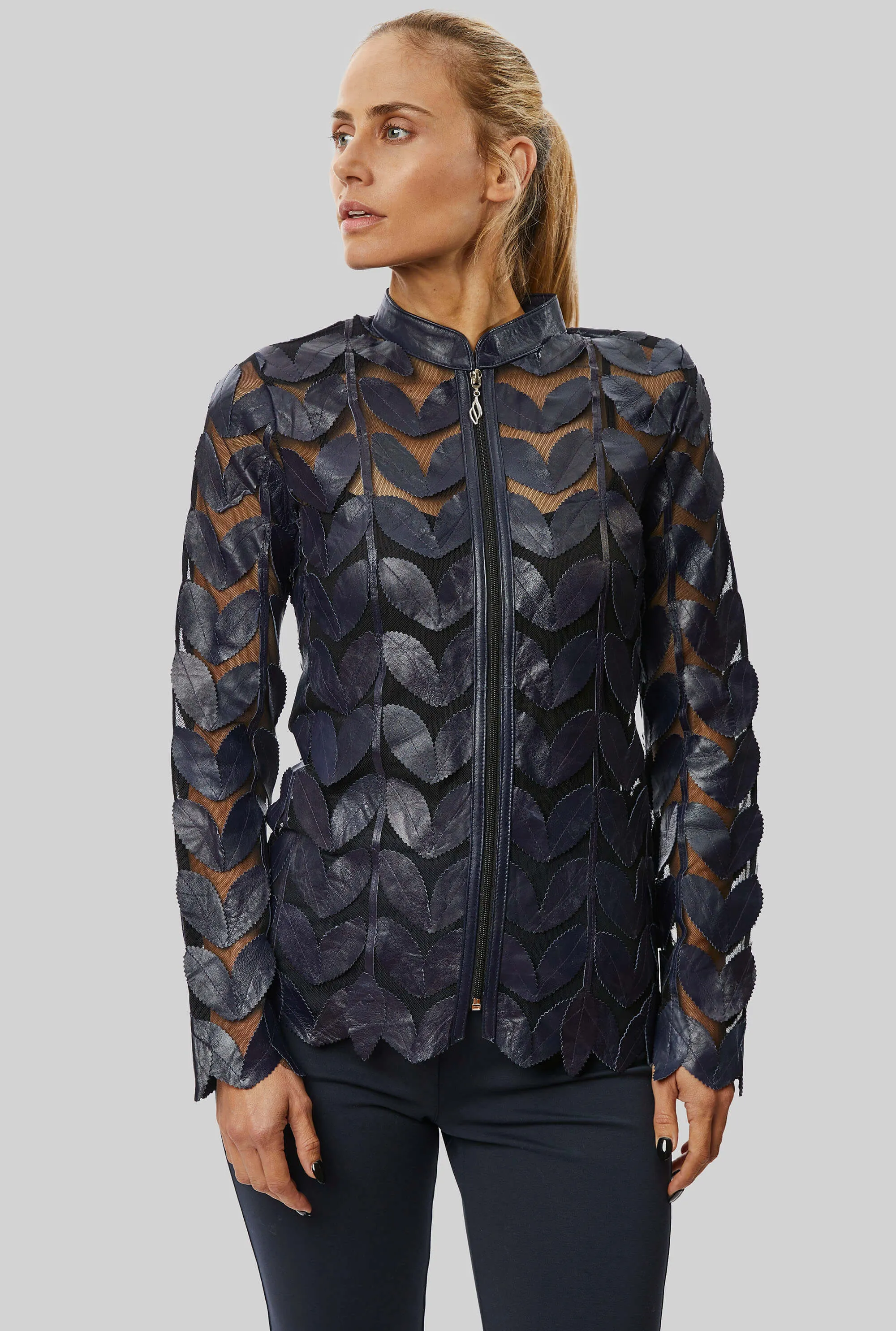 Leather Leaf Sheer Jacket Navy