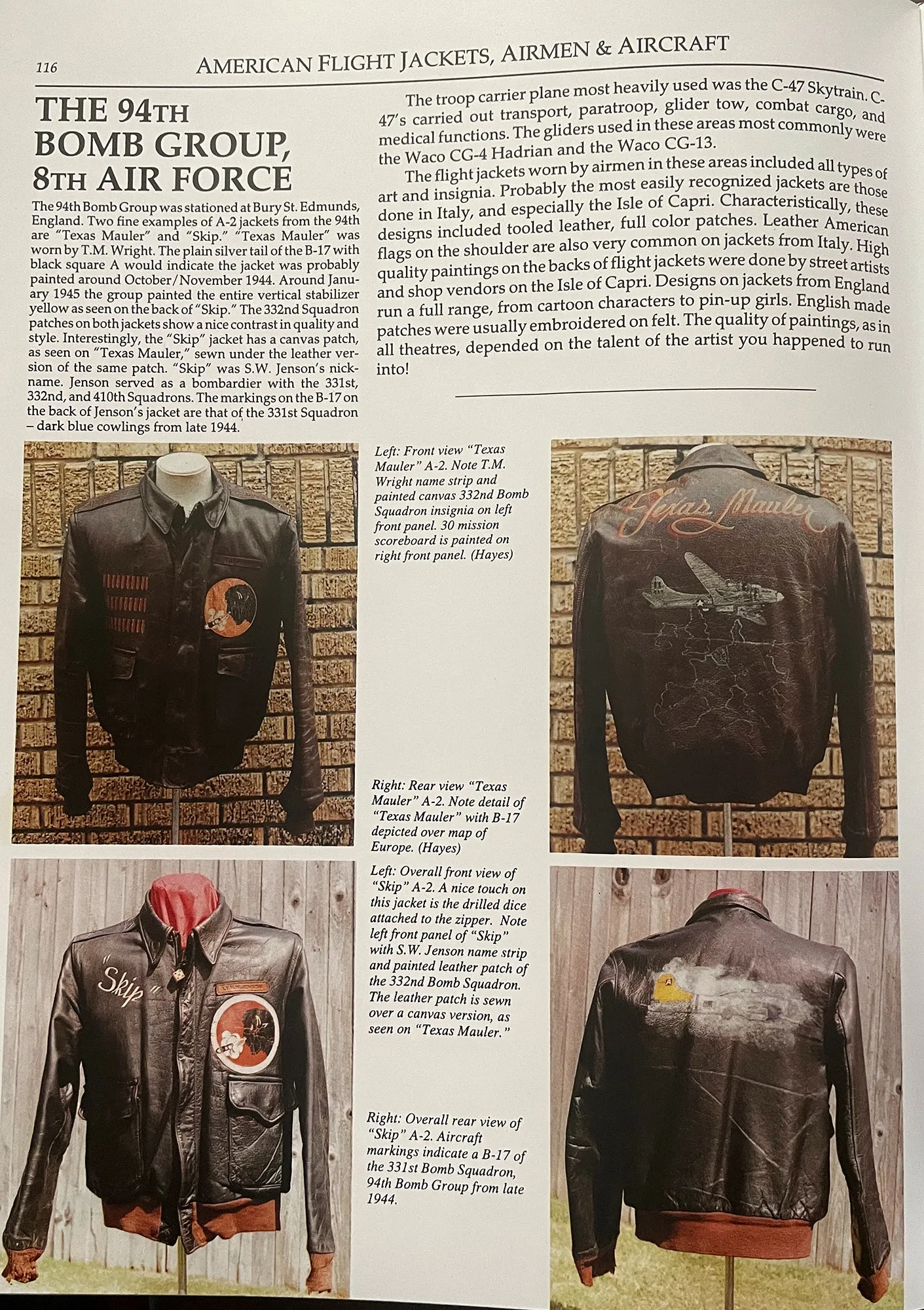 Original U.S. WWII Named 8th Air Force 332nd Bomb Squadron Painted A-2 Flight Jacket 1st S. W. Jenson - Featured in Book American Flight Jackets, Airmen & Aircraft