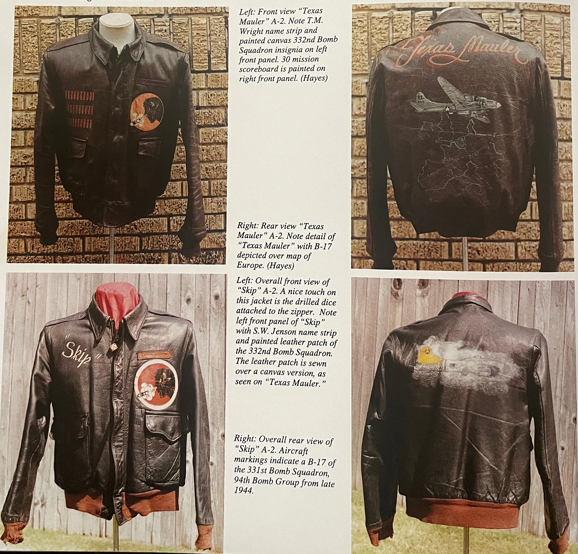 Original U.S. WWII Named 8th Air Force 332nd Bomb Squadron Painted A-2 Flight Jacket 1st S. W. Jenson - Featured in Book American Flight Jackets, Airmen & Aircraft