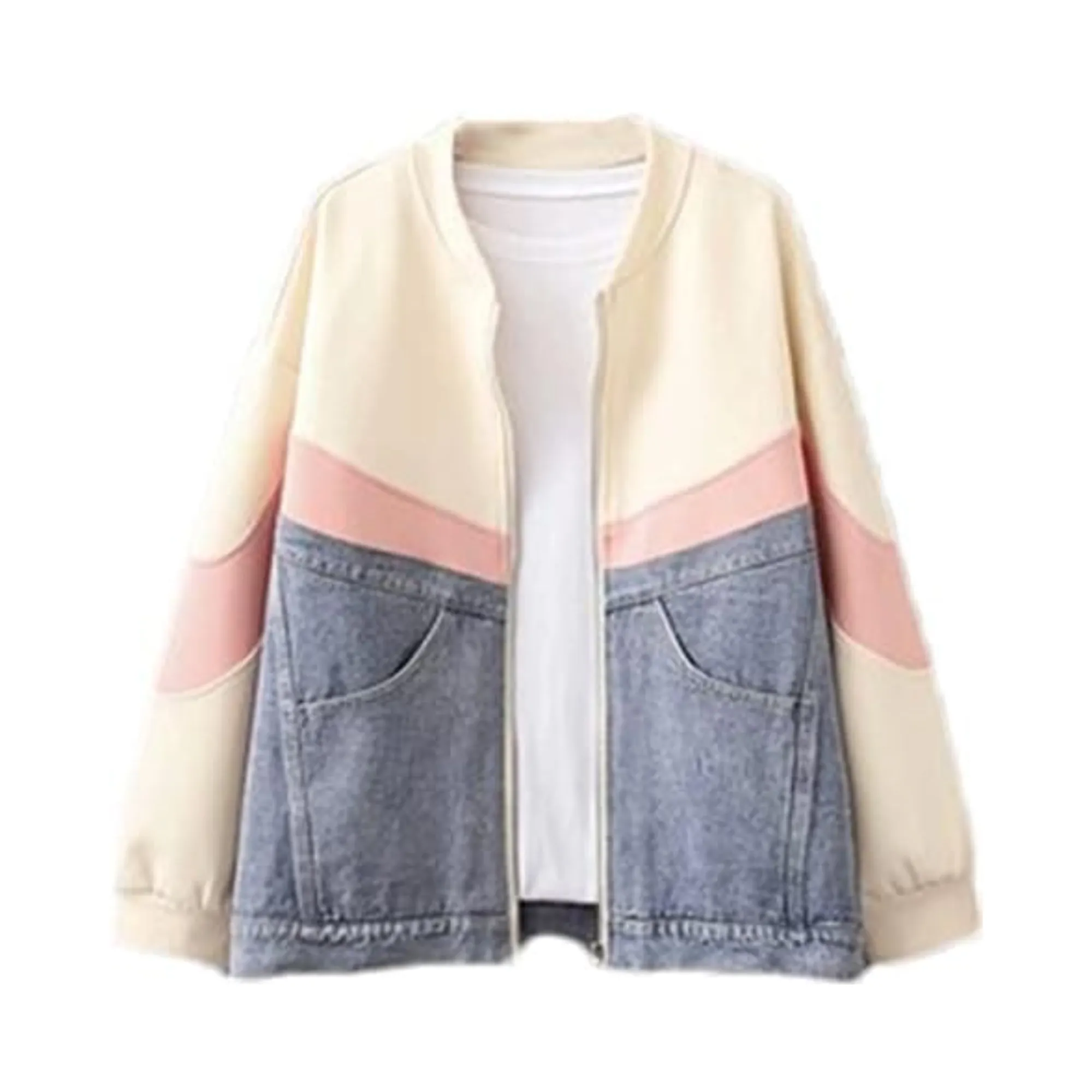 Pre Order:  Denim Spliced Cotton Zip-Up Jacket