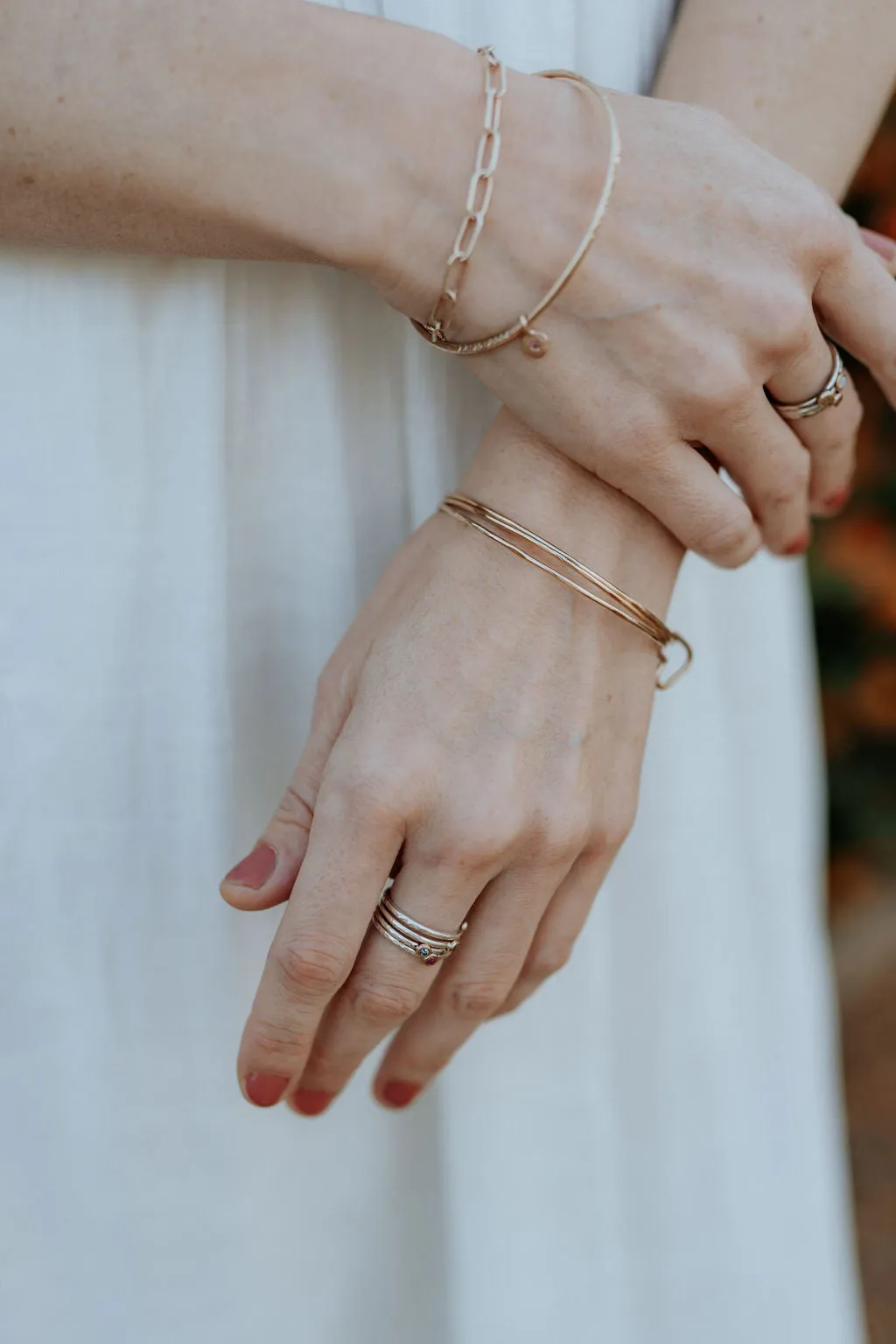 Stone Pebble & Initial 14k Gold Stacking Ring Set