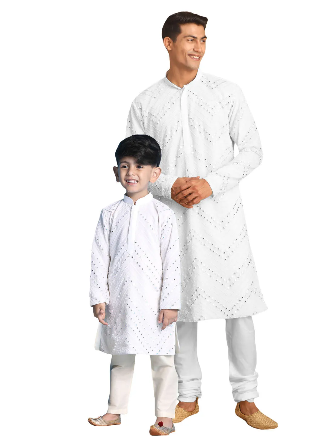 VASTRAMAY Baap Beta Mirror White Kurta Pyjama Set