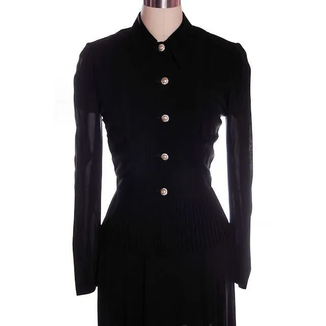 Vintage 2 PC Black Rayon Jacket & Dress w/Pleat Detail 1940s 35-26-38