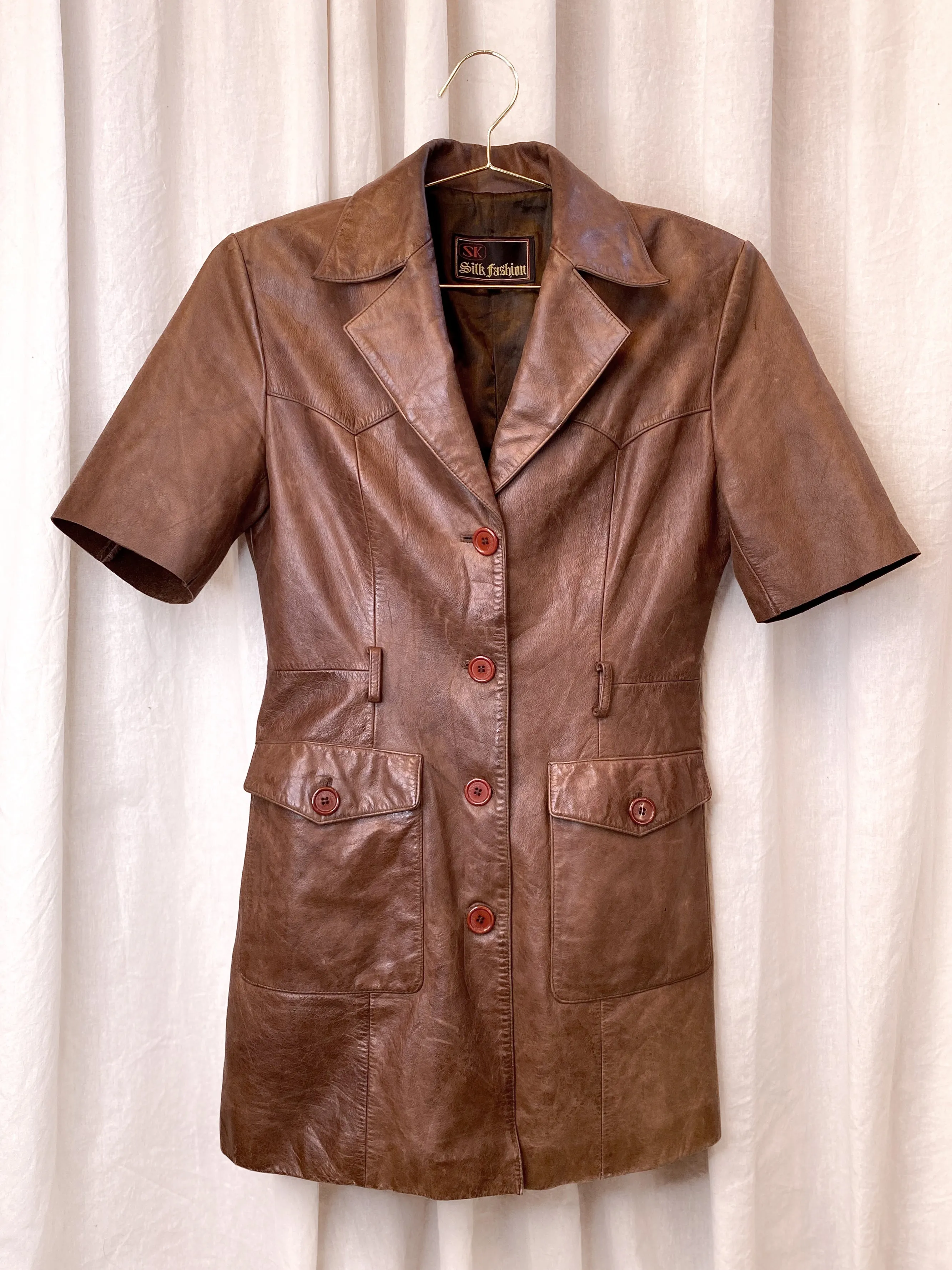 VINTAGE LEATHER SHIRT DRESS [ Brown Tan, Button Up, Size Small ]