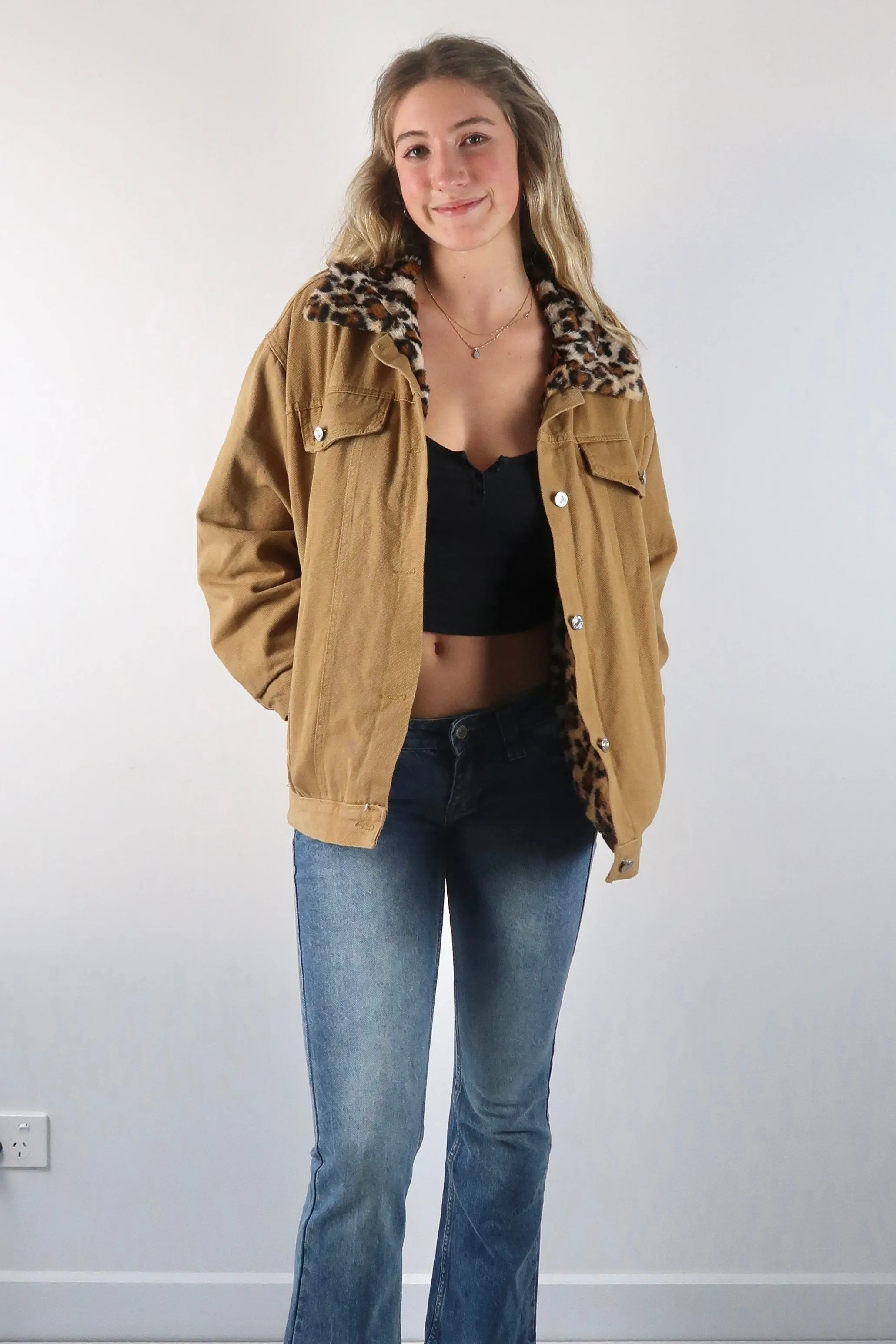 Y2K cheetah print faux fur denim jacket